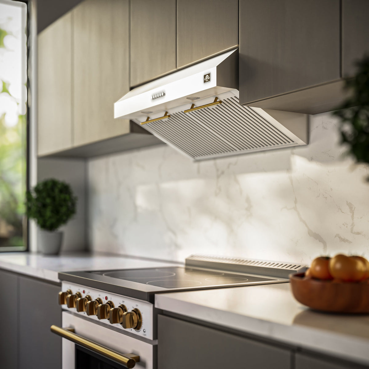 Forno Bari 30-Inch Under-Cabinet Range Hood, 400 CFM, White with Antique Brass Handles (Model FRHUC5255-30WHT)