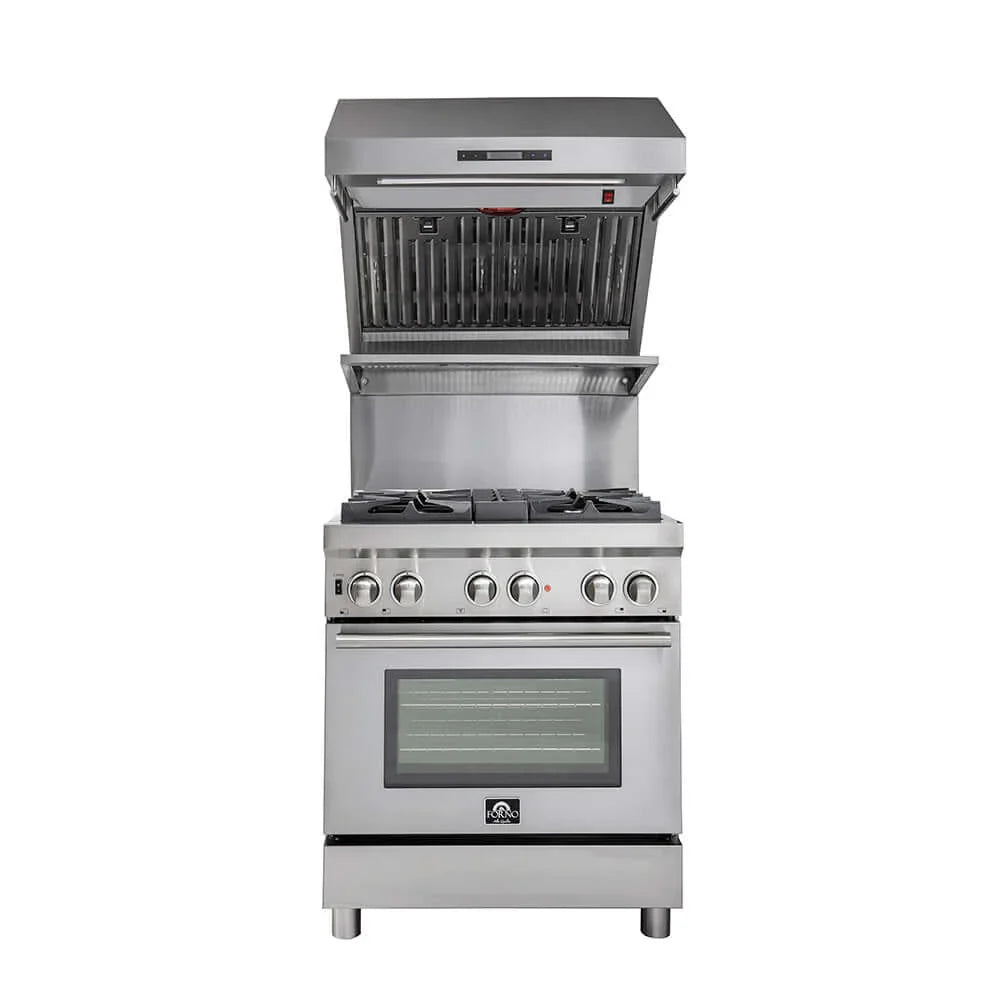 Forno Savona 30-Inch Wall-Mounted Range Hood with Backsplash, Shelf, and Red Warming Light – Model FRHWM5029-30HB